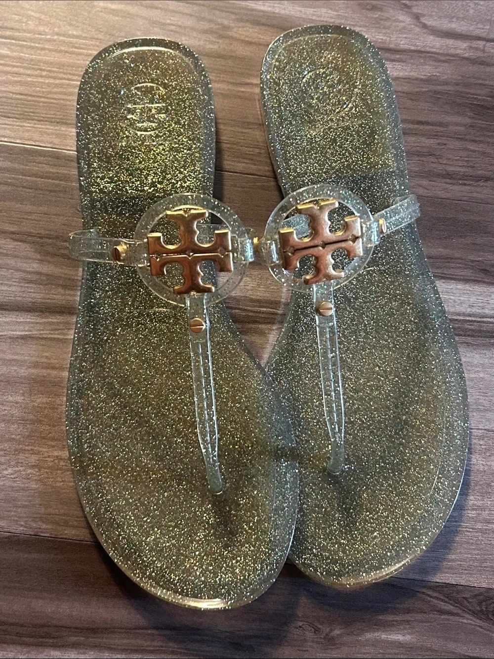 Tory Burch Metallic Gold Logo T-Strap Sandals